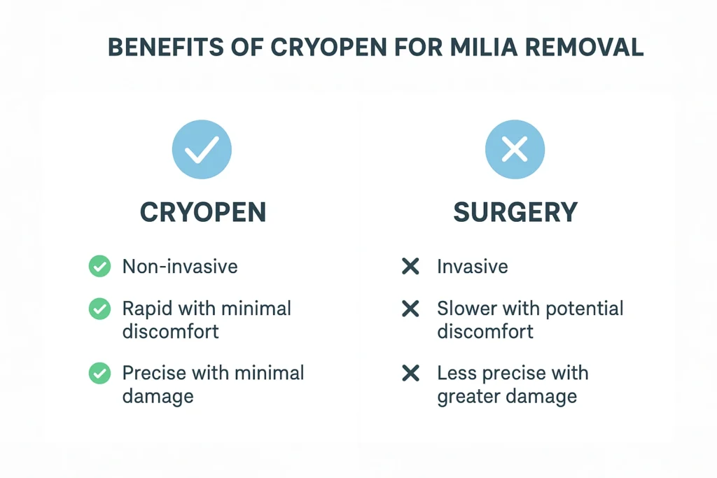 Benefits of cryopen for milia removal Morden compared to surgical treatments.