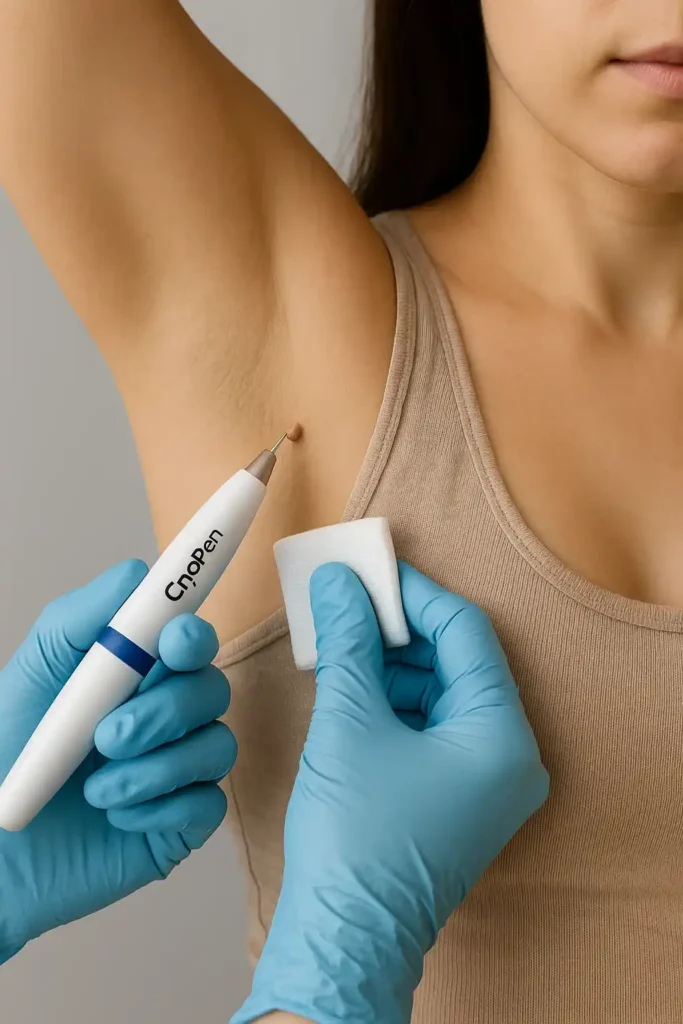 woman having cryopen to remove underarm skin tags Morden