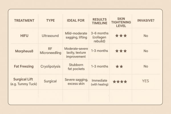 Table showing the comparisons of Skin tightening Morden treatment options.